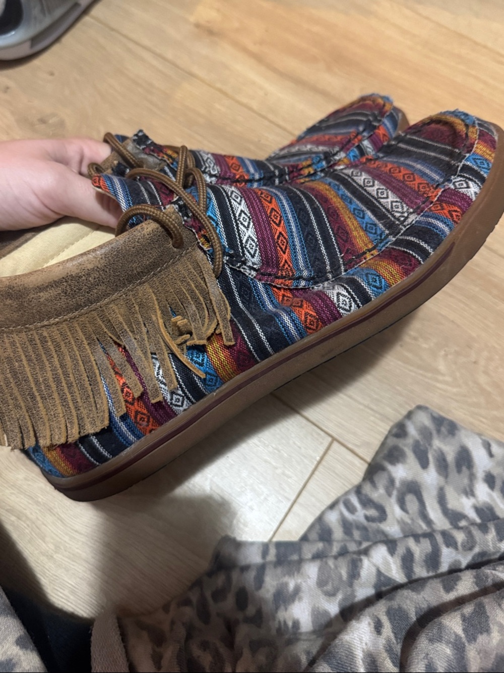 Twisted X Multicolor Patterned Fringe Moccasin Shoes